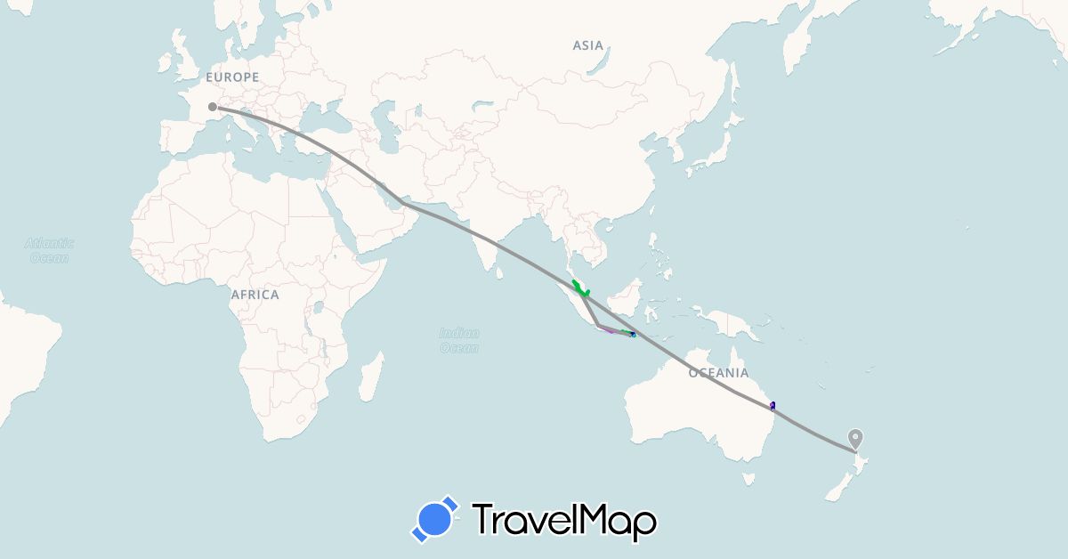 TravelMap itinerary: driving, bus, plane, train, boat in United Arab Emirates, Australia, France, Indonesia, Malaysia, New Zealand, Singapore (Asia, Europe, Oceania)